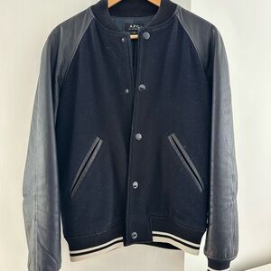 A.P.C. Men's Navy Wool & Leather Bomber Jacket